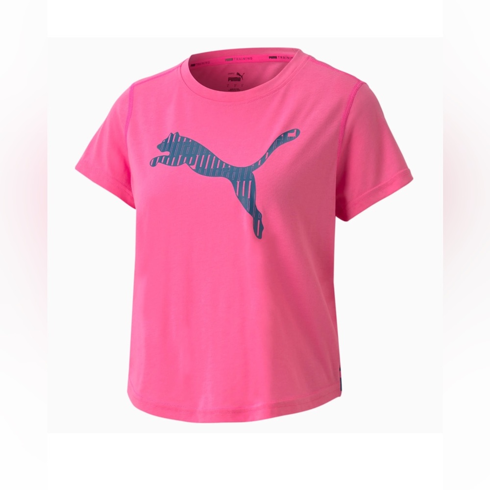 Puma Pink Blue Logo Short Sleeve Women's Training Tee Shirt Crop Top Small